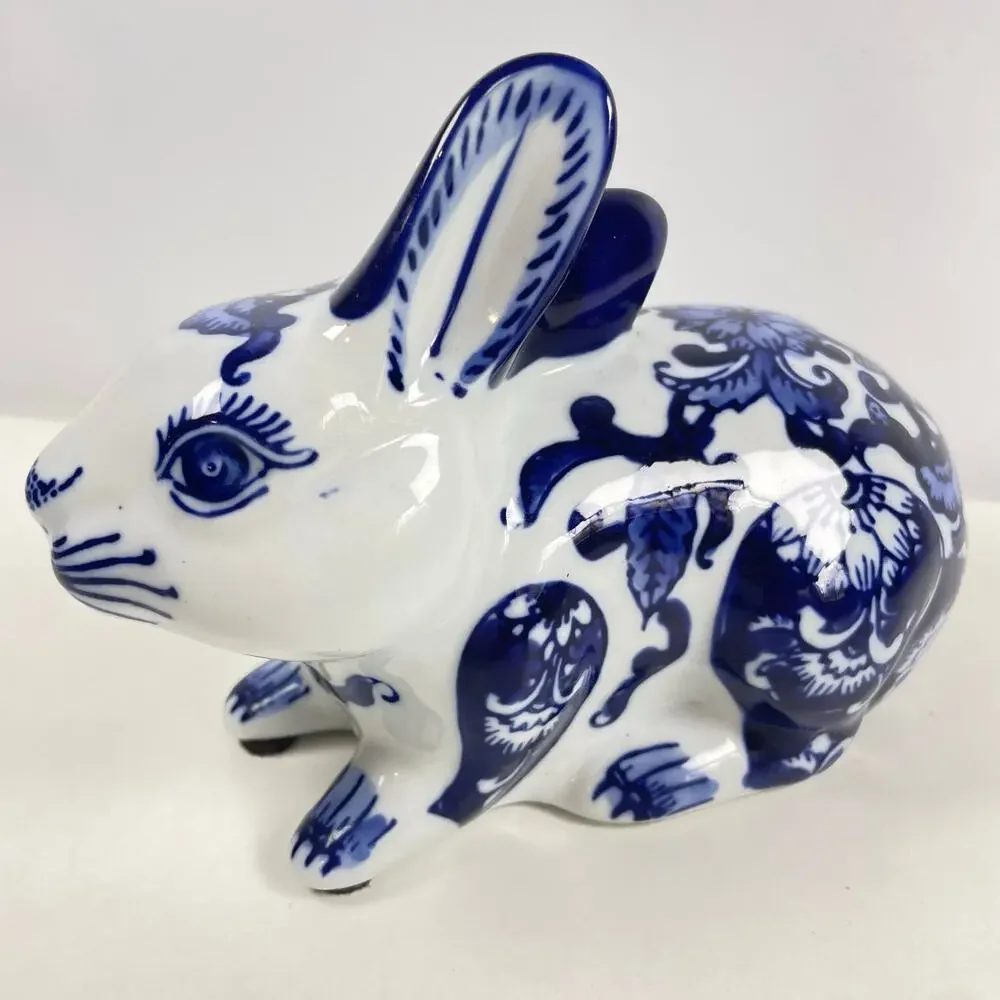 Handmade Cobalt Blue and White Porcelain Floral MMC Classical Bunny Rabbit 7x4.5